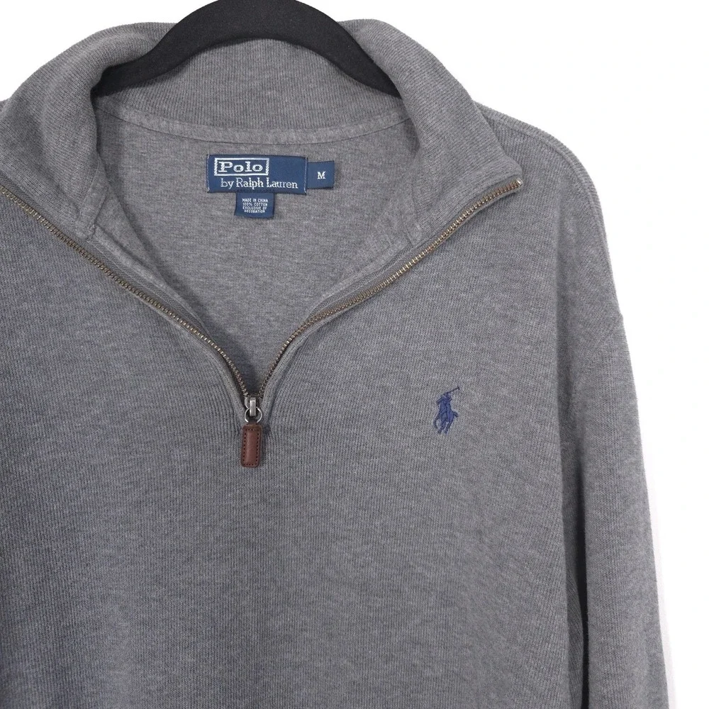 POLO BY RALPH LAUREN Mens Pullover‎ Sweater MEDIUM Gray 100% Cotton Quarter Zip